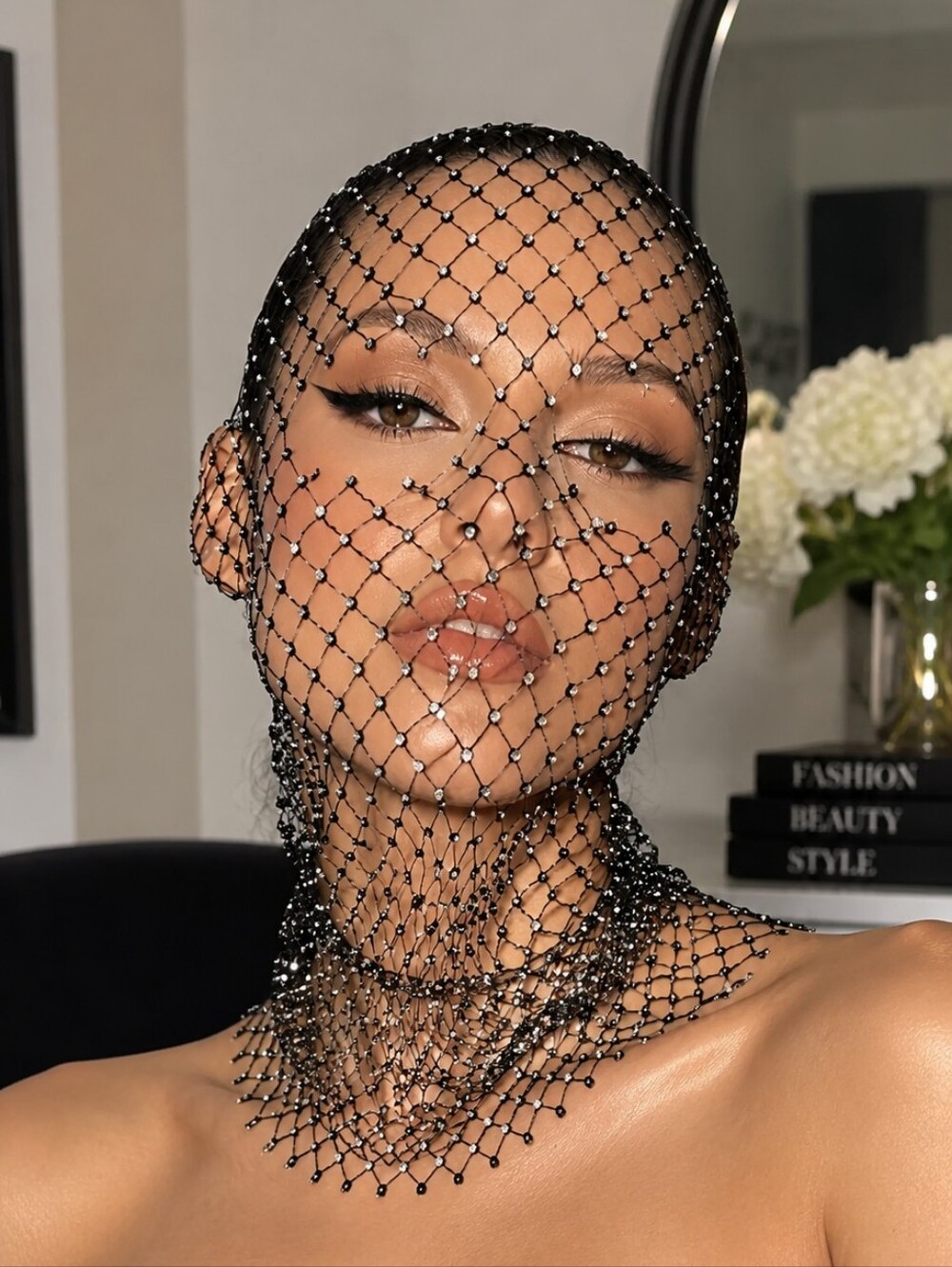 Black Rhinestone Fishnet Face Veil Mask Headpiece Festival Glam -O